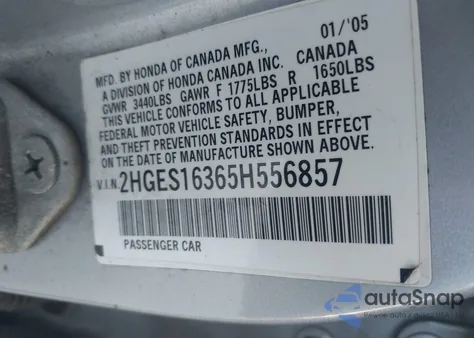 2005 Honda Civic Vp from USA, damaged, VIN 2HGES16365H556857
